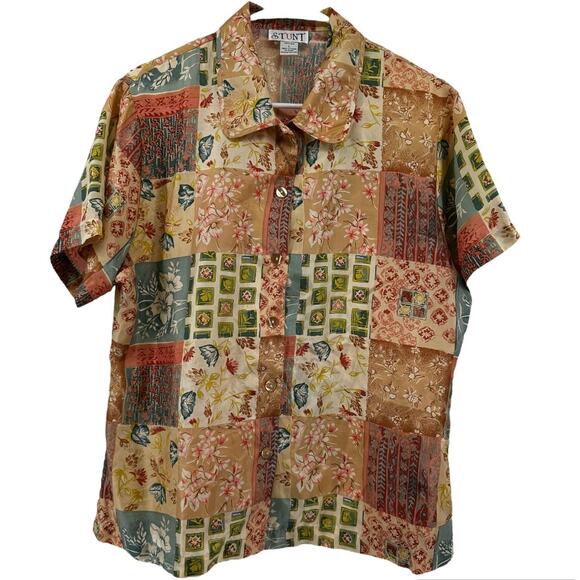 VTG Stunt Patchwork Silk Button Down Shirt Floral Brown Green Large - Picture 1 of 4